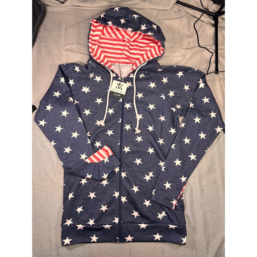 Michelle Mae Womens Americana Star Print Full Zip Hoodie Navy Blue Small NWT